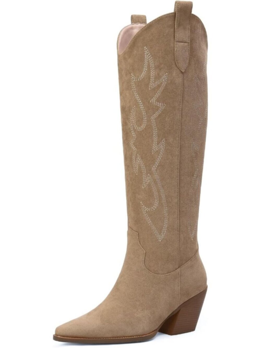 Women's Tan Embroidered Pointed Toe Block Heel Suede Knee High Cowgirl Boots